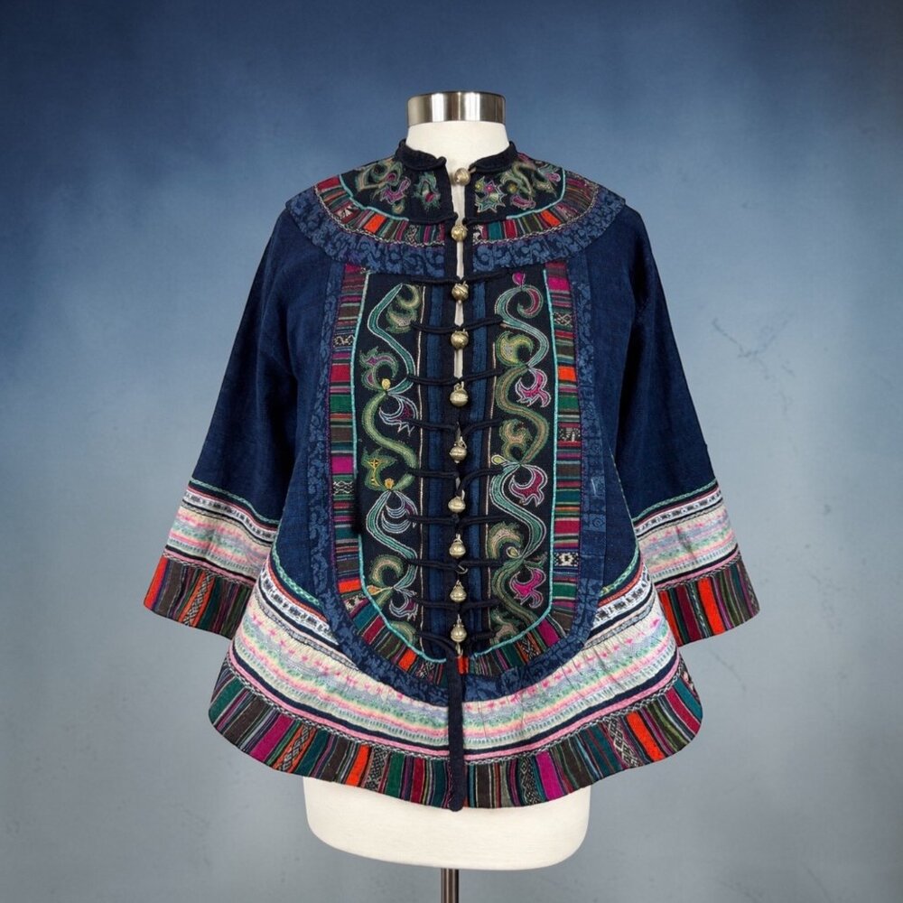 Vintage Hmong Handmade Indigo Jacket Embroidered Tribal OOAK Boho Artisan - Picture 3 of 16